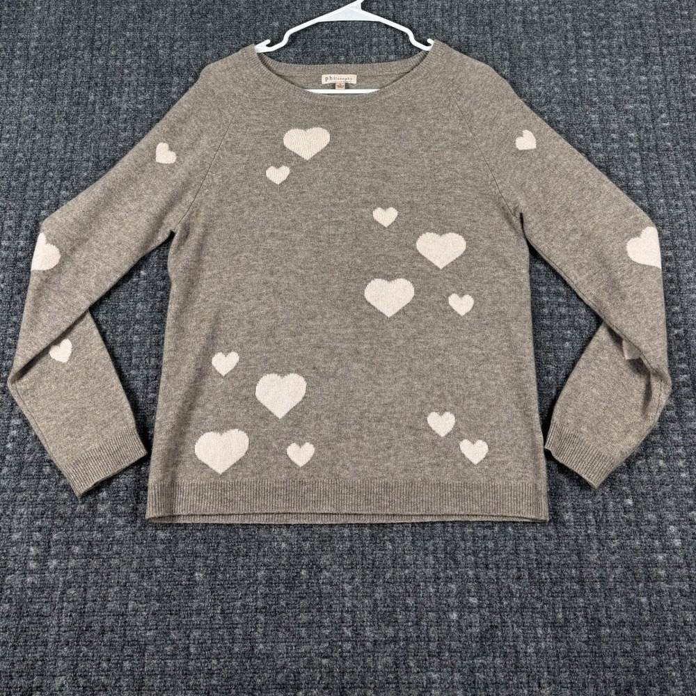 Philosophy Cashmere Heart Intarsia Pullover Sweater Large Taupe Grey